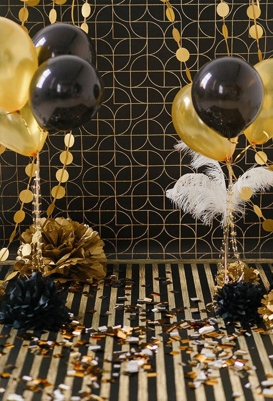 Toile de fond décors de spectacle de fête de ruban de ballon noir et or