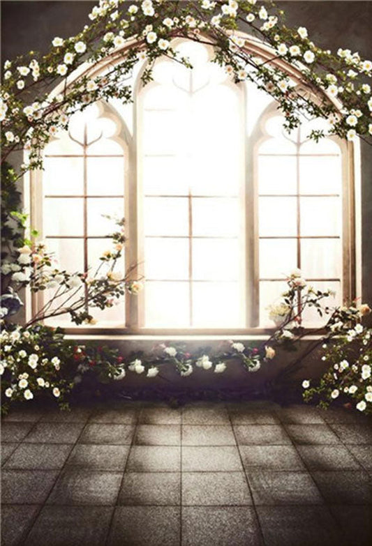 Toile de fond décors de mariage de sol en pierre de fleurs de fenêtre