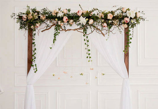 Toile de fond décors de porte de fleurs de mur-rideau blanc pour la mariage