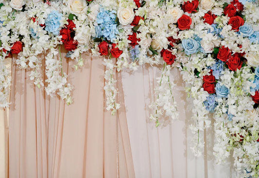 Toile de fond décors rouge et bleu floral rideau pour la photo nouveau-né anniversaire fête de mariage décoration