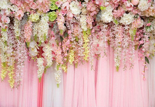 Toile de fond de rideau rose avec fond de fleurs blanches roses pour fond de décoration de fête