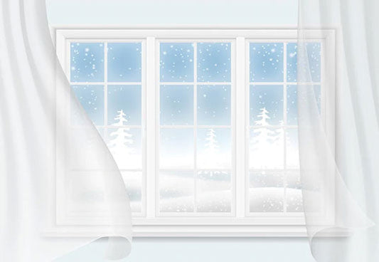 Toile de fond décors de fenêtre de neige d'hiver de rideau blanc