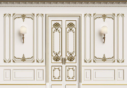 Toile de fond de porte de mur blanc de texture d'or de mariage luxueux pour le studio