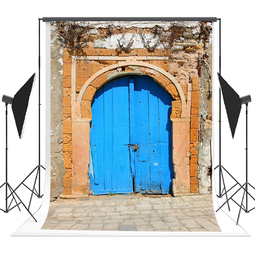 Toile de fond de porte rustique en détresse bleu double portes photographie scénique fond de brique K14841