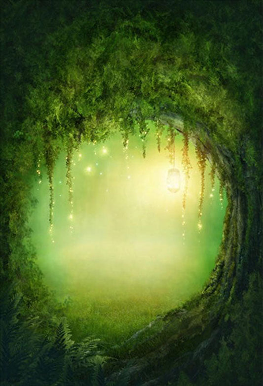 Toile de fond de conte de fées arbre magique trou vert enfants pour la fête