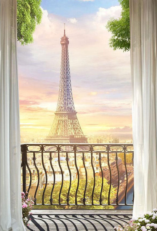 Toile de fond de la vue sur la Tour Eiffel à l'extérieur de la fenêtre de fond pour la photographie