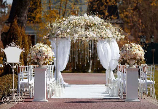 Toile de fond de rideau en dentelle blanche romantique de fleurs pour la photographie de cérémonie de mariage