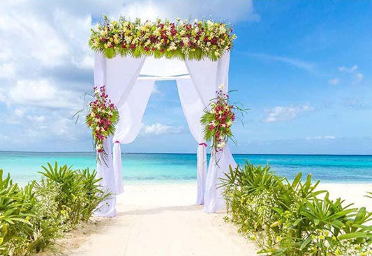 Toile de fond de la mariage bleu mer vert herbe blanc rideau décoration florale pour la fête