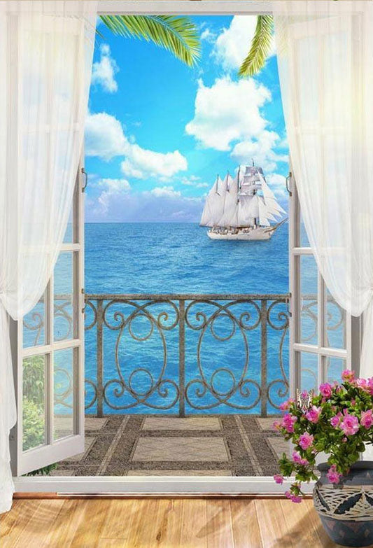 Toile de fond de rideau blanc porte vue sur la mer fond de photographie