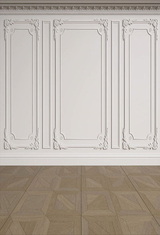 Toile de fond de sol en bois carré brun de sculpture de mur blanc de mariage pour la photographie