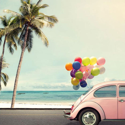Toile de fond de ballon de voiture de bord de mer pour la photographie de paysage de vacances d'été