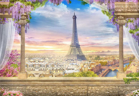 Toile de fond de rideau de fleurs de lavande décors de fenêtre de Paris