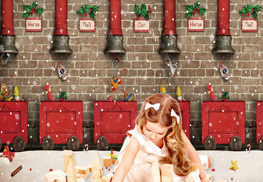 Toile de fond décors de Noël de cheminée rouge de mur de briques