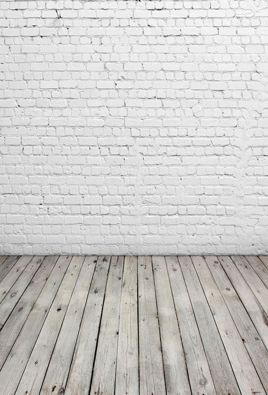 Toile de fond mur de briques blanches texture de sol en bois rétro de photographie