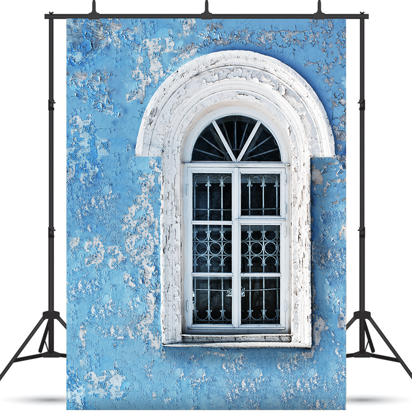 Toile de fond d'église de fenêtre blanche de mur patiné bleu pour la photographie SBH0178