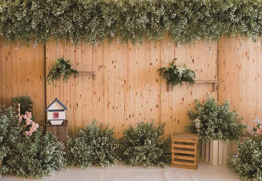 Toile de fond décors de printemps de plantes vertes de mur en bois pour la photographie