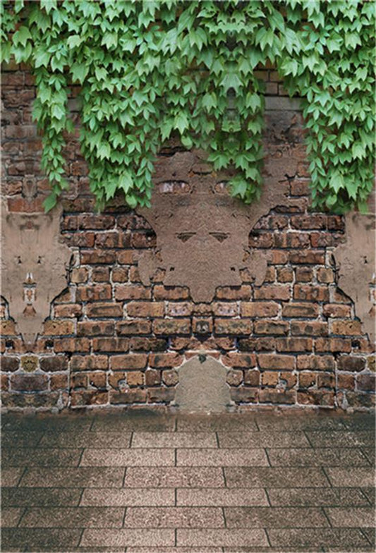 Toile de fond de mur de briques vintage sol en pierre feuilles fond de photomaton