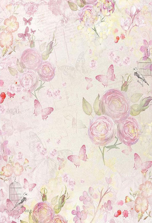 Toile de fond de photographie de papillons de fond de fleurs roses imprimées