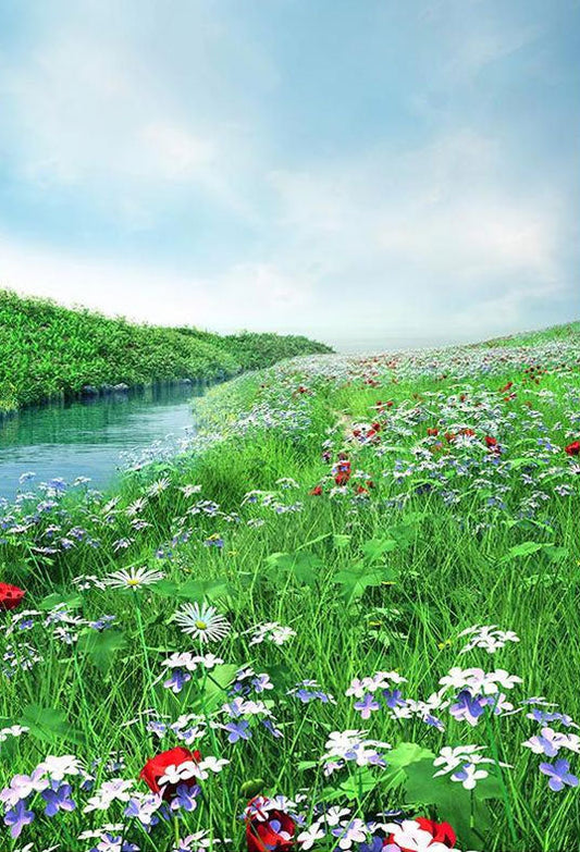 Toile de fond de fleurs d'herbe verte à côté du ruisseau photographie de paysage de printemps