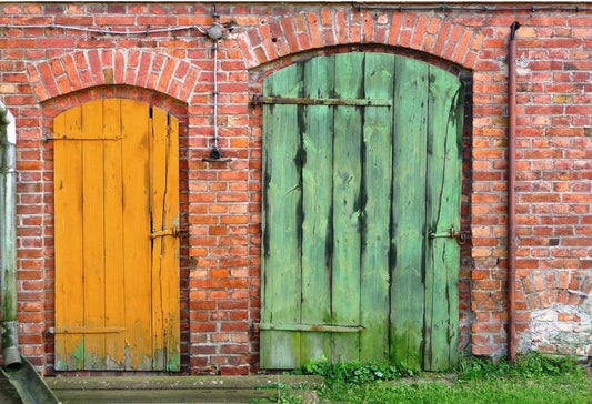 Toile de fond de porte rétro jaune et verte de mur de briques pour la photographie
