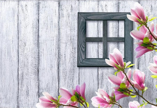 Toile de fond de printanière fleurs roses fond de plancher en bois gris pour la photographie