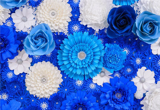 Toile de fond de décors de mariage de fleurs bleues et blanches pour l'anniversaire