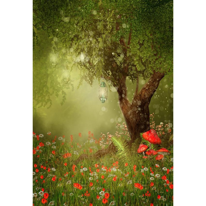 Toile de fond de conte de fées fleur rouge et champignon sous l'arbre de printemps paysage photographie