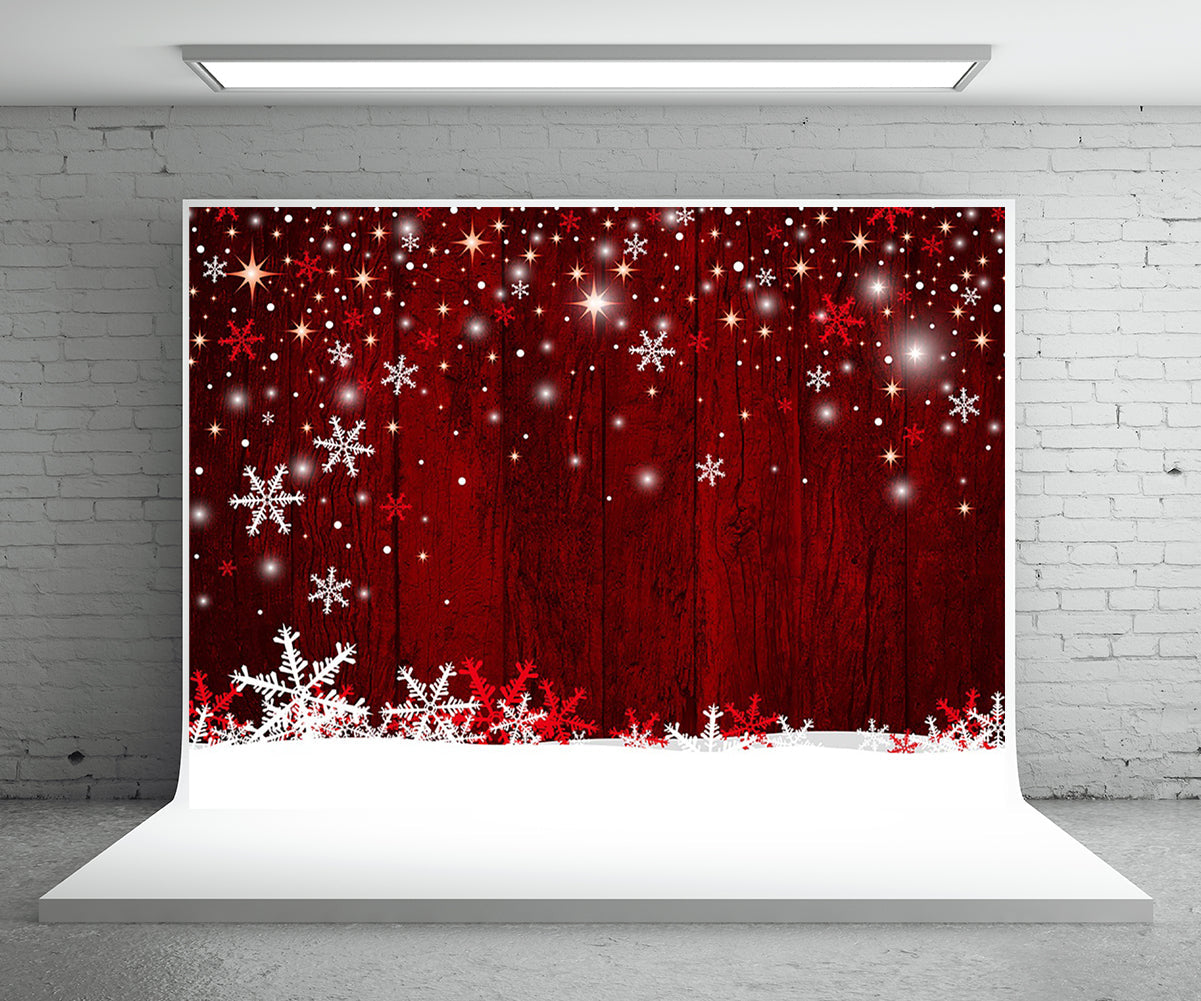 Toile de fond de photographie de mur en bois rouge flocon de neige pour Noël