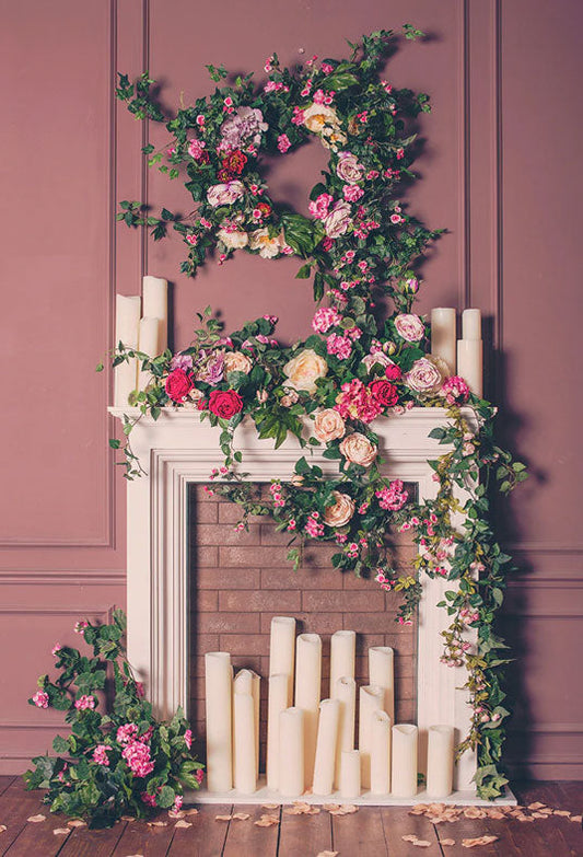 Toile de fond décors de photographie de mariage de plancher de bois de guirlande de fleurs
