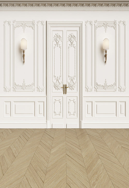 Toile de fond de luxueux mur blanc porte mariage fond de plancher en bois brun clair pour la photo