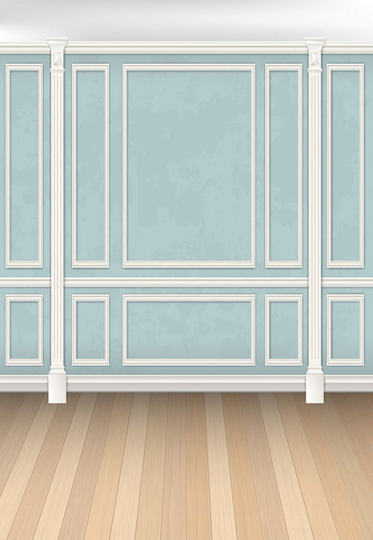 Toile de fond mur bleu avec plancher en bois brun texture blanche décors de mariage