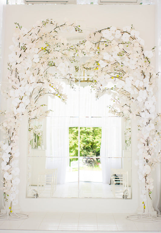 Toile de fond décors de mariage de printemps de porte de fleurs blanches