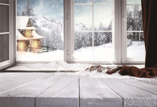 Toile de fond de Noël neige fenêtre plancher de bois pour la photographie
