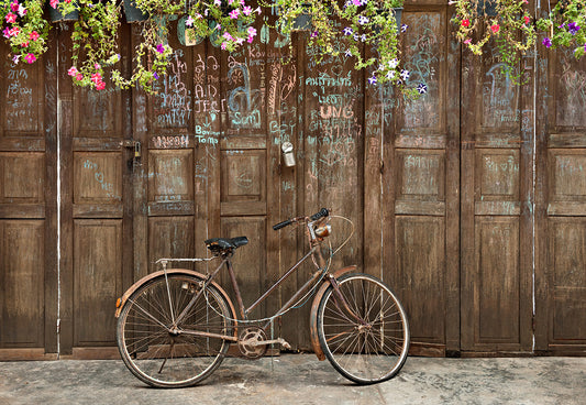 Toile de fond décors de porte en bois rétro de fleurs de printemps pour la photographie