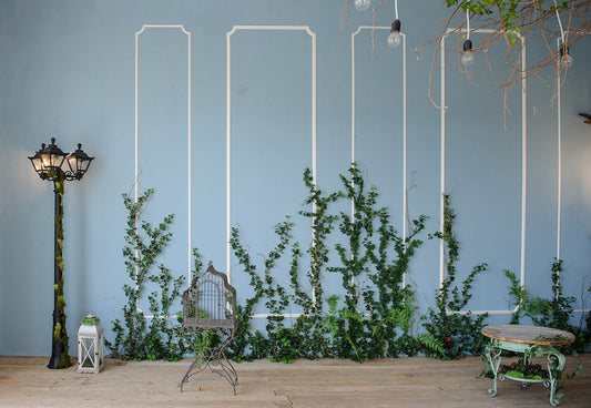 Toile de fond décors de branches de printemps mur bleu pour le studio