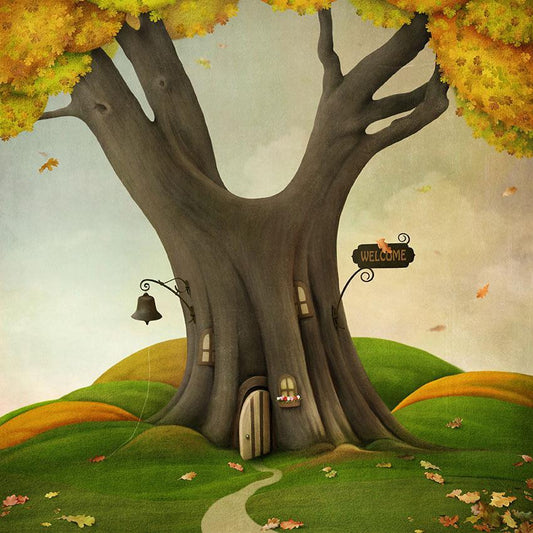 Toile de fond de dessin animé jaune arbre feuilles fond automne paysage photographie