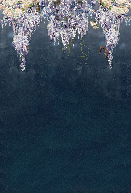 Toile de fond bleu foncé belles branches de lilas en fleurs bleu grunge mur fleurs pour le studio photo SBH0066