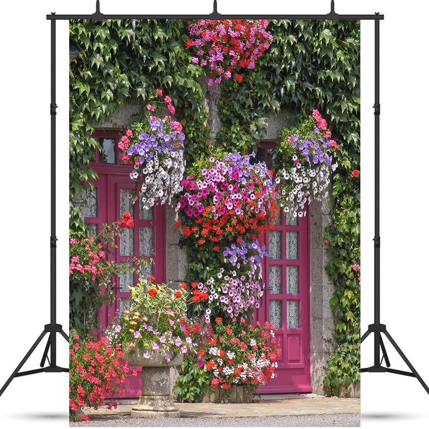 Toile de fond de maison avec des fleurs pour photographie de printemps SBH0360