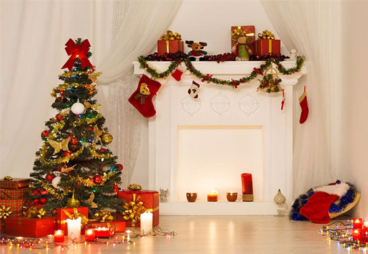 Toile de fond décors de plancher de bois de sapin de Noël lumineux de cheminée blanche