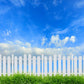 Toile de fond ciel bleu clôture blanche nuage printemps herbe verte pour Pâques