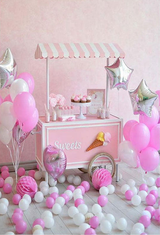 Toile de fond ballons et boules de décoration roses pour la photographie du 1er anniversaire