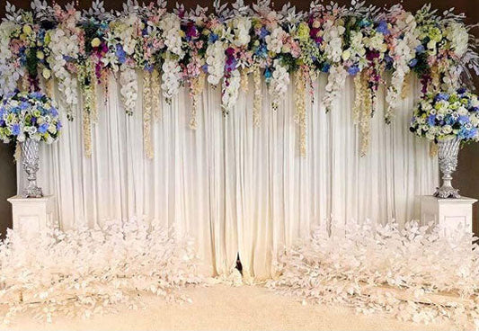 Toile de fond de rideau de cérémonie de mariage blanc décors de photographie florale
