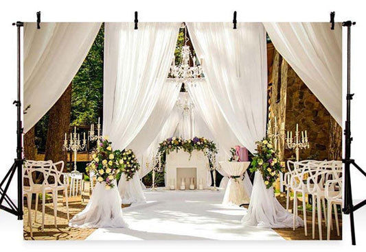 Toile de fond de rideau blanc de fleurs jaunes pour la photographie de cérémonie de mariage romantique
