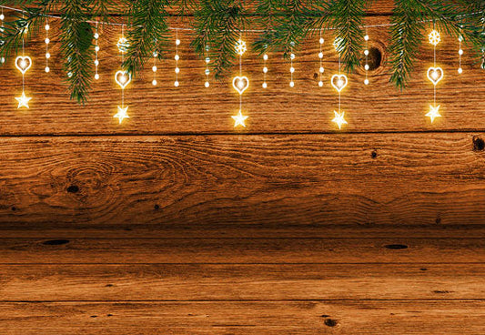 Toile de fond de Noël de mur en bois de branche de pin d'étoile légère pour le photographie