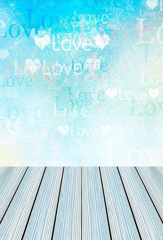 Toile de fond de mur d'amour bleu avec plancher en bois pour la photographie de la Saint-Valentin