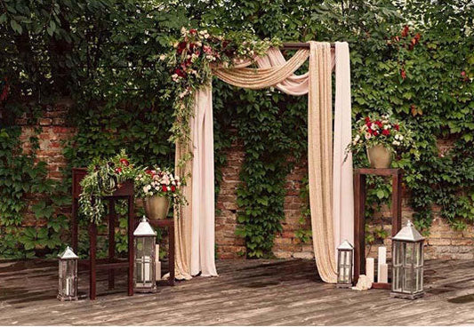 Toile de fond de rideau de dentelle blanche de mariage feuilles vertes pour la photographie de cérémonie de mariage