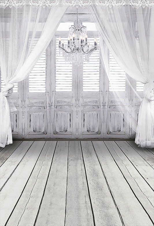 Toile de fond de fenêtre blanche de plancher en bois avec le rideau pour la photographie SBH0149
