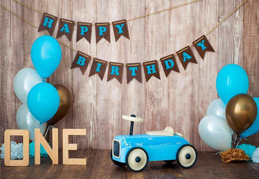 Toile de fond de 1er joyeux anniversaire rétro voiture bleu brun en bois photographie