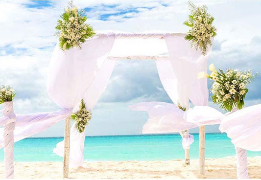 Toile de fond de blanche de rideau coulant de beauté de bord de mer de mariage pour la photographie de mer d'été