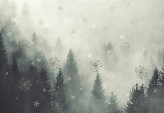 Toile de fond d'hiver neige brouillard forêt de pins flocon de neige photographie